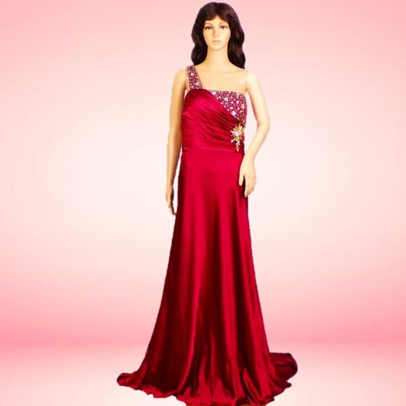 JOLENE size 14 carmine-red satin 1-shoulder long gown faux gemstones 100% poly - Picture 1 of 13